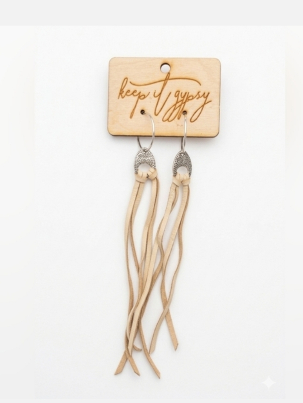 Keep It Gypsy Beige Fringe Leather Earrings with Silver Accents
